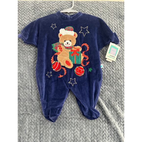 Vintage NWT Little Me Christmas Velour Romper 3m Navy Bear - Picture 1 of 8